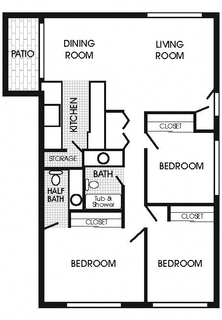 Floor plan for 3 beds, 1.5 baths, 960 sqft